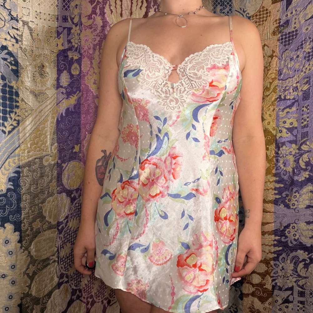 VTG Coquette Satin Lace Floral+Polka Dot Whimsy Mini Slip Dress Women's Size M